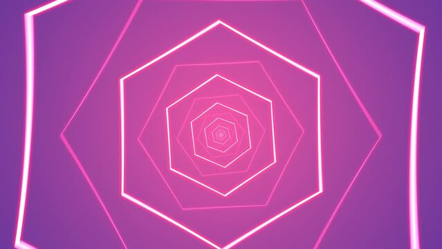 Loopable abstract digital neon polygon tunnel background. 4K futuristic sparkling animation pattern that moves forward with purple and pink colors. Technology and cyber concept with copy space.