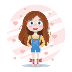 Vector flat ute smile girl. Cartoon pretty little woman in denim suit with background. A cheerful beautiful child. Dresses for different seasons