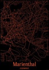 Black and orange halloween map of Marienthal Germany.This map contains geographic lines for main and secondary roads.