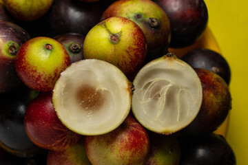 Fruits of Camu Camu (Myrciaria dubia), grows on the banks of the rivers of the Amazon, is very common in the markets, also used for the preparation of soft drinks, desserts and liqueurs, has a very pl