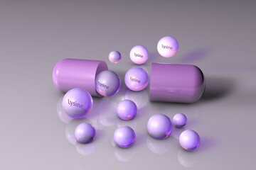 Opened capsule with lysine drops. Lysine is an essential amino acid used in the biosynthesis of proteins. Healthy life concept. Medical background. 3d illustration