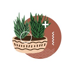 Abstract composition with plant and Memphis style elements. Succulents and cactus, small decorative plants. Vector illustration for website or plant shop. Isolated element on white background.