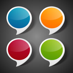 Speech stickers vector banner. Blue empty chatting dialogue comment sign with text message and orange discussion. Green comment banner for sale and red social space media communication.