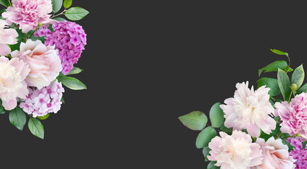 Floral banner, header with copy space. White roses, peony, flox isolated on dark grey background. Natural flowers wallpaper or greeting card.