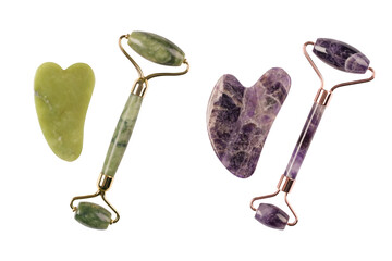 Facial massage kit - jade and amethyst gua sha tool and roller isolated on white for your design....