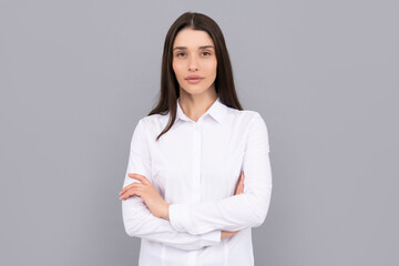 businesswoman in white shirt on grey background, business