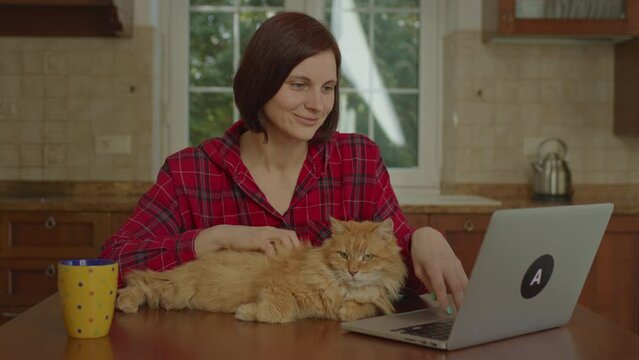 Young adult woman talking online using laptop and petting red cat sitting at the table at home. Person with pet working online.