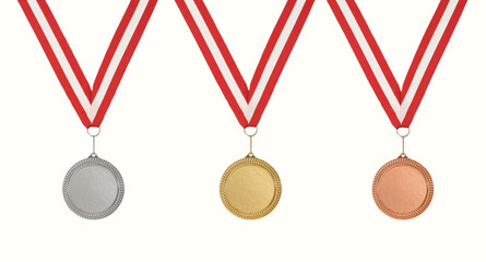 Gold silver and bronze medals on isolated white background.