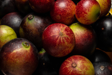 Fruits of Camu Camu (Myrciaria dubia), grows on the banks of the rivers of the Amazon, is very common in the markets, also used for the preparation of soft drinks, desserts and liqueurs, has a very pl
