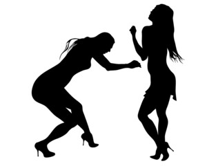 Beauty young girl in dress walking down street. Isolated silhouette on white background