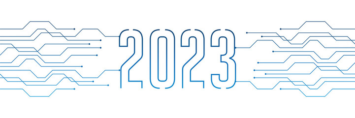 circuit board electronics digital technology banner 2023 blue