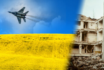 Damaged building and Ukraine flag from blue sky and yellow field. Fighter Mig-29 on the sky