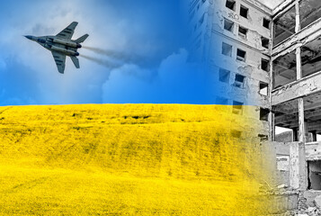 Destroyed building and Ukraine flag from blue sky and yellow field. Fighter Mig-29 on the sky - obrazy, fototapety, plakaty