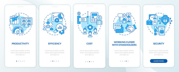 Advantages of online collaboration blue onboarding mobile app screen. Walkthrough 5 steps graphic instructions pages with linear concepts. UI, UX, GUI template. Myriad Pro-Bold, Regular fonts used