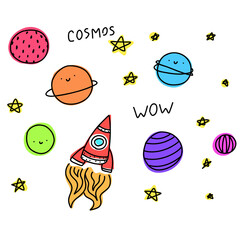 Planets collection with text cosmos. Cute doodle isolated space, stars for postcard, poster, background. Hand drawn vector illustration.