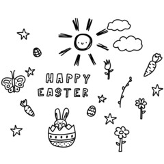 Obraz premium Doodle happy easter vector lettering in egg, bunny isolated. Hand drawn black and white branches, flowers, stars, cute calligraphy.