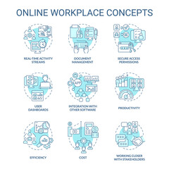 Online workplace turquoise concept icons set. Business tools. Virtual office platform idea thin line color illustrations. Isolated symbols. Editable stroke. Roboto-Medium, Myriad Pro-Bold fonts used