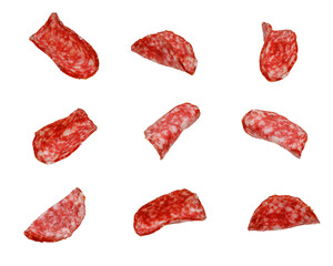 set of slices of servelat sausage isolated on white background