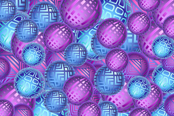 Magic balls background. Blue and purple magic spheres background. 3D rendering, abstract illustration.