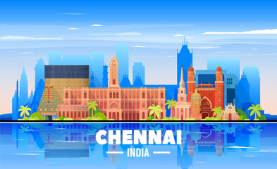 Obraz premium Chennai ( India ) skyline with panorama in sky background. Vector Illustration. Business travel and tourism concept with modern buildings. Image for presentation, banner, placard and web site.