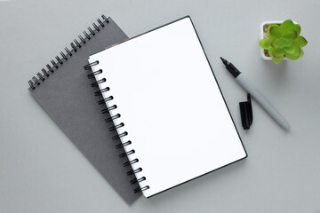 Image of an open notepad with blank pages, top view. school notebook on a gray background, spiral notepad on the table