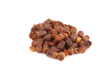 Bee bread isolated on a white background. Pile of granules bee bread isolated. Scattered Perga