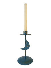 Close up of isolated candlestick with candle. Old blue brass candle holder on white background. Decoration and lighting object for parties and special moments.