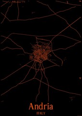 Black and orange halloween map of Andria Italy.This map contains geographic lines for main and secondary roads.