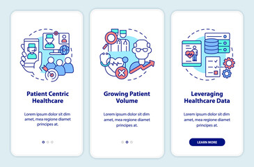 Healthcare challenges onboarding mobile app screen. Patient centric care walkthrough 3 steps graphic instructions pages with linear concepts. UI, UX, GUI template. Myriad Pro-Bold, Regular fonts used