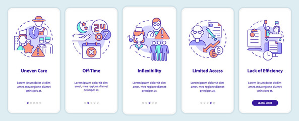 Lack of access to primary care onboarding mobile app screen. Off time walkthrough 5 steps graphic instructions pages with linear concepts. UI, UX, GUI template. Myriad Pro-Bold, Regular fonts used