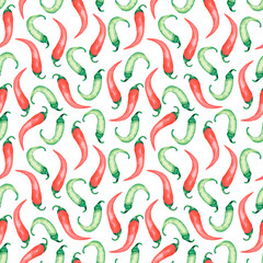 Fototapeta na wymiar Red and green Chili Pepper Seamless Pattern, Watercolor Food paper digital download, organic botanical repeat pattern for fabric, Vegetable print