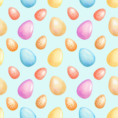 Watercolor seamless easter eggs pattern isolated on blue background.