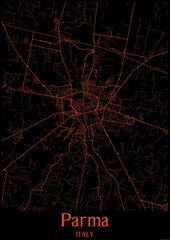 Black and orange halloween map of Parma Italy.This map contains geographic lines for main and secondary roads.