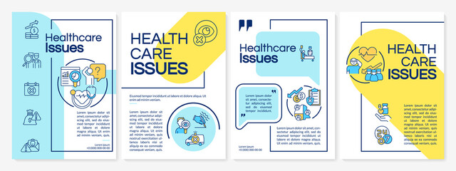Fototapeta na wymiar Health care management issues blue and yellow brochure template. Leaflet design with linear icons. 4 vector layouts for presentation, annual reports. Questrial, Lato-Regular fonts used