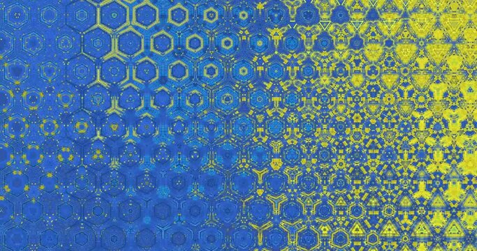 Beautiful hexagon geometric blue and yellow pattern. Abstract symmetric kaleidoscope print with the colors of the Ukrainian flag.