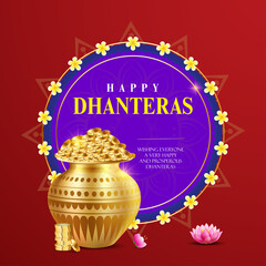 Fototapeta na wymiar illustration of Happy Dhanteras with Gold coin in pot