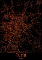 Black and orange halloween map of Turin Italy.This map contains geographic lines for main and secondary roads.