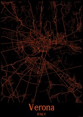 Black and orange halloween map of Verona Italy.This map contains geographic lines for main and secondary roads.
