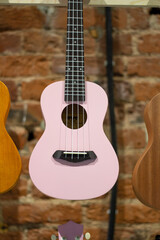 little pink ukulele guitar hanging on the wall