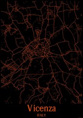 Black and orange halloween map of Vicenza Italy.This map contains geographic lines for main and secondary roads.