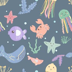 Underwater world pattern. Cartoon inhabitants of the ocean. Fish, jellyfish and starfish on the pattern.