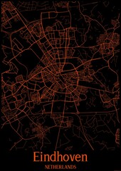 Black and orange halloween map of Eindhoven Netherlands.This map contains geographic lines for main and secondary roads.