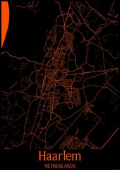Black and orange halloween map of Haarlem Netherlands.This map contains geographic lines for main and secondary roads.