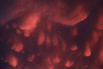 Dramatic sunset landscape with puffy clouds lit by orange setting sun and blue sky.