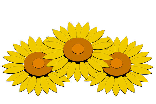 sunflower flower: three flowers drawn with a 3D three-dimensional graphic, with yellow petals and orange seed center