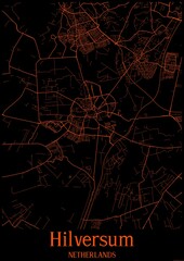 Black and orange halloween map of Hilversum Netherlands.This map contains geographic lines for main and secondary roads.