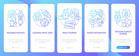 Fototapeta na wymiar Space technology blue gradient onboarding mobile app screen. Exploration walkthrough 5 steps graphic instructions pages with linear concepts. UI, UX, GUI template. Myriad Pro-Bold, Regular fonts used