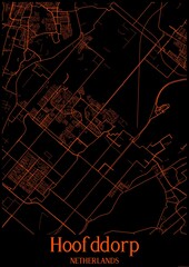 Black and orange halloween map of Hoofddorp Netherlands.This map contains geographic lines for main and secondary roads.