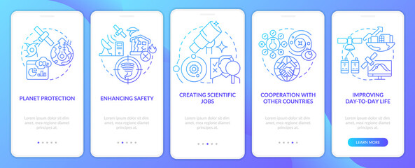 Benefits of space exploration blue gradient onboarding mobile app screen. Walkthrough 5 steps graphic instructions pages with linear concepts. UI, UX, GUI template. Myriad Pro-Bold, Regular fonts used