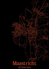 Black and orange halloween map of Maastricht Netherlands.This map contains geographic lines for main and secondary roads.
